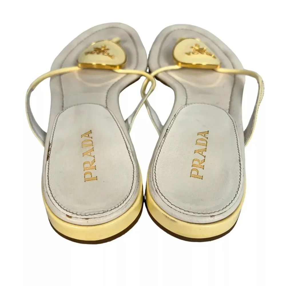 Prada Cream Enamel Logo Plaque Leather Flip Flop Sandals Size EU 40 Womens - Picture 7 of 16